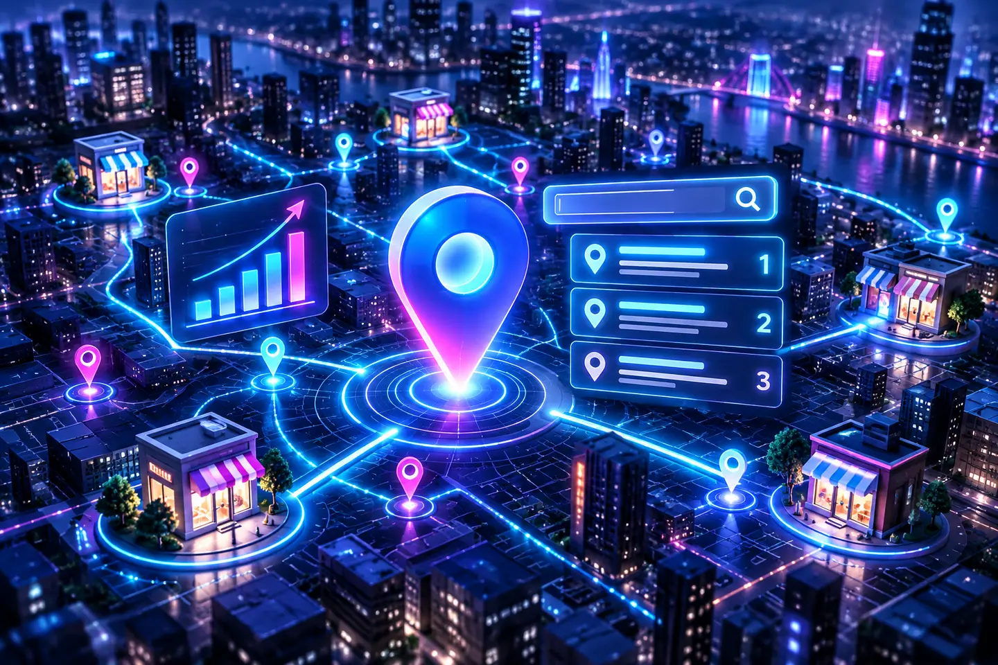 Glowing local search map connecting nearby storefronts and location signals
