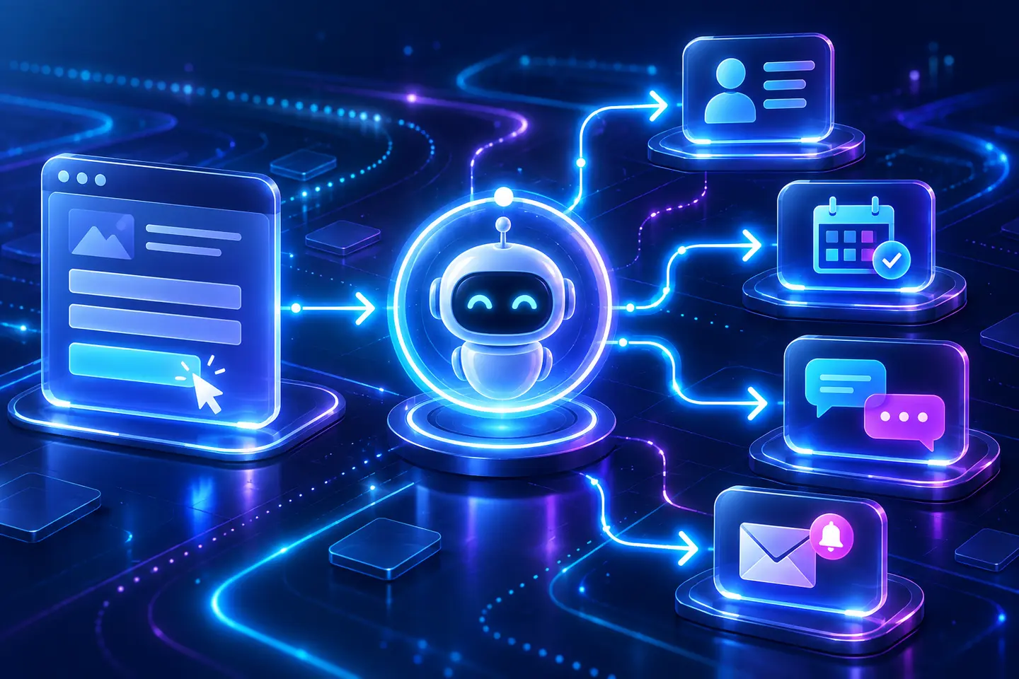 Glowing website automation hub routing an enquiry to customer, calendar, message, and email actions