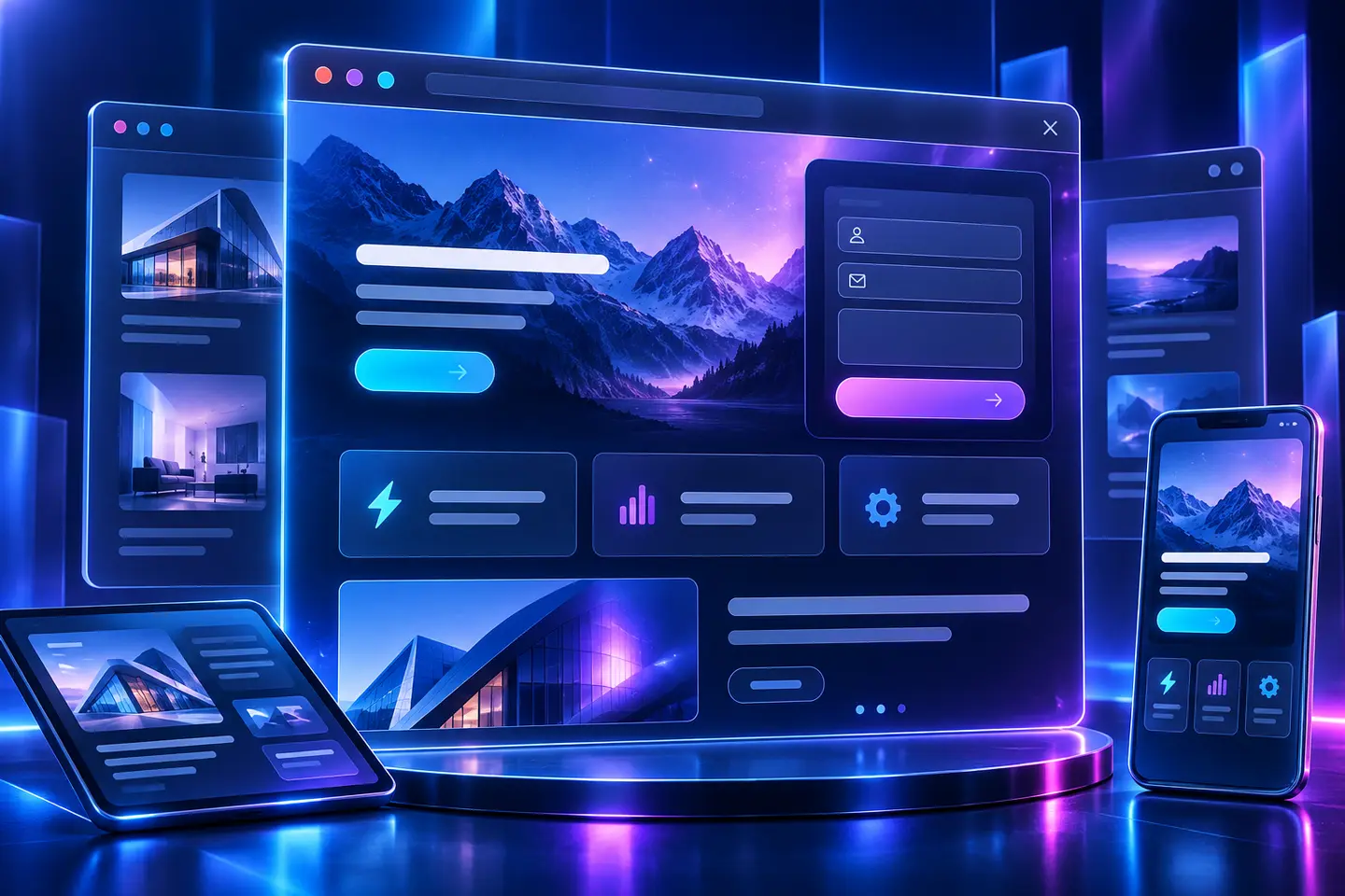 Futuristic responsive website interface displayed across desktop, tablet, and mobile screens